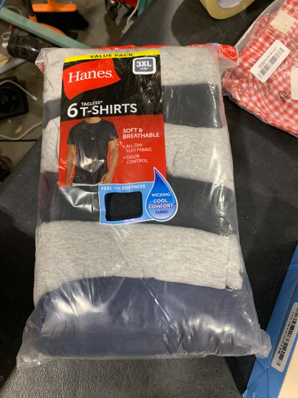 Photo 1 of Hanes Mens Cotton, Moisture-wicking Crew Tee Undershirts, Multi-packs, Black/Grey/Blue Assorted - 6 Pack, 3X-Large US
