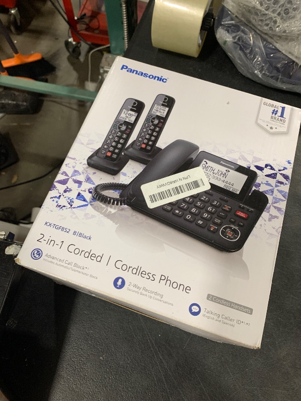 Photo 1 of Panasonic Corded/Cordless Phone with Advanced Call Block, 2-Way Recording and Digital Answering Machine, 2 Handsets Expandable up to 6 Cordless Handsets - KX-TGF852B (Black)