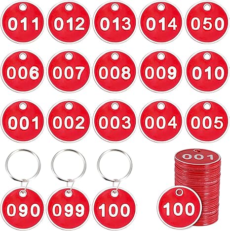 Photo 1 of 1-100 Numbered Key Tags Round Key ID Tags Aluminum Alloy Metal Number Tags Marking Hang Tags Luggage Labels with Rings for Dormitory Key Chain Box Cabinet Lockers, Red
