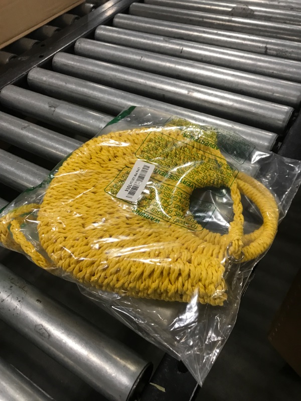 Photo 1 of QTKJ Mini Semi-circle Rattan Straw Handbag, Women Summer Retro Straw Tote Shoulder Crossbody Round Handle Beach Bag (Yellow)