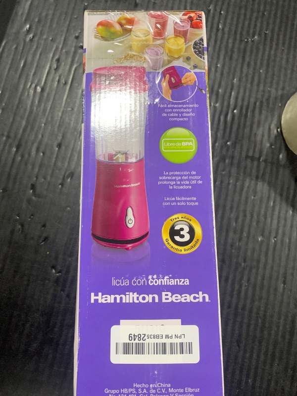 Photo 1 of Hamilton Beach Portable Blender for Shakes and Smoothies with 14 Oz BPA Free Travel Cup and Lid, Durable Stainless Steel Blades for Powerful Blending Performance, Raspberry (51131)