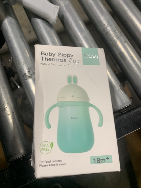 Photo 1 of NCVI Weighted Straw Sippy Cup, Spill-Proof Stainless Steel, 10oz Thermal Cup for Toddlers with Removable Handle & Extra Straw, Ideal for 2+ Years, Green Bunny Design