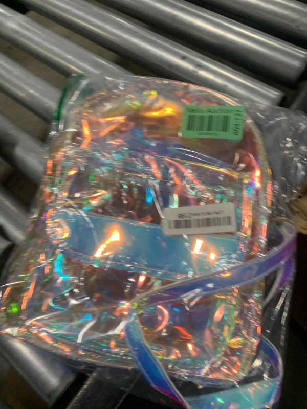 Photo 1 of OATIPHO Clear Holographic Backpack, Shiny Iridescent Bookbag Transparent Small Rave Backpack Fashion Daypack Hologram Travel Makeup Bag