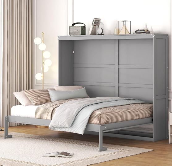 Photo 1 of Queen Size Murphy Bed Frame, Foldable Cube Cabinet Queen Platform Bed, Modern Murphy Bed, Space-Saving Wall Bed for Guest Room or Home Office, No Box Spring Needed, Noise Free (Grey)