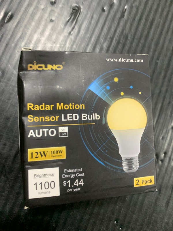 Photo 1 of DiCUNO Radar Motion Sensor Light Bulbs Outdoor, 12W (100W Equivalent), Motion Sensor Bulb Auto On/Off, Warm White 3000K, 1100 LM, A19 E26 Indoor/Outdoor Lighting for Front Porch Garage, 2-Pack