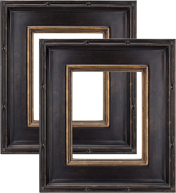 Photo 1 of Museum Plein Aire Ornate Picture Frame - 8x10, Set of 2 Antique Black W/Gold Oil Painting Frames | Hand Leafed High-End Antique Style Frames | Open Back Frames with No Glass or Backing
