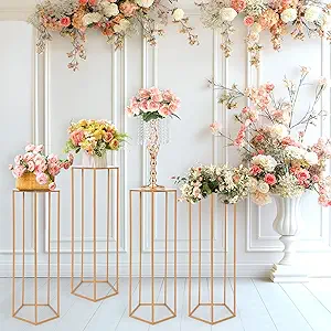 Photo 1 of tonchean Pentagonal Metal Flower Stand, Gold Vintage Plant Holder with 35.4 Height, 4 Pcs Geometric Pedestal Set for Wedding Centerpiece Garden Decor, Heavy Duty Iron Display Rack