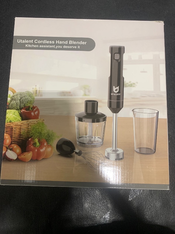 Photo 1 of Cordless Hand Blender, UTALENT Variable Speed Immersion Blender Rechargeable, with 500ml Chopper, 600ml container, Egg Whisk, for Smoothies, Baby Food and Soups – Black