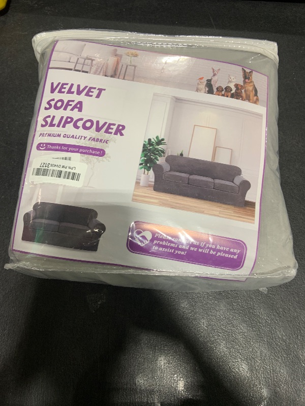 Photo 1 of WEERRW 4 Pieces Velvet High Stretch Couch Covers for 3 Cushion Couch Sofa Slipcovers, Washable Furniture Protector with Non Slip Elastic Bottom, Feature Soft and Thick Plush Fabric, Silver Grey, Large