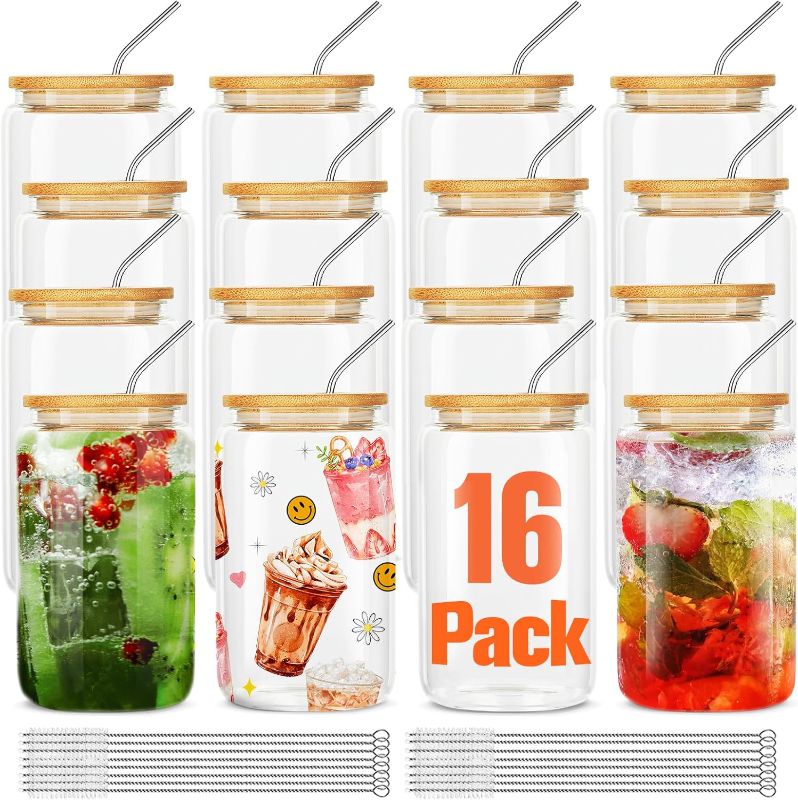 Photo 1 of [16Pcs Set] Glass Cups With Bamboo Lids And Straws,16Oz Water Bottles Glass Jars Cups Drinking Glasses, Beer Glasses Ice Coffee Glasss For Juicing Coffee Soda Tea