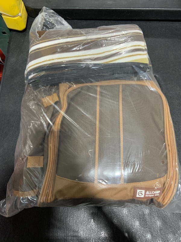 Photo 1 of ALLCAMP Picnic Basket Backpack Cooler for 2 Person with 2 Insulated Cooler Compartment,Detachable Bottle/Wine Holder, Fleece Blanket, Plates and Cutlery for Family,Couple and Friend gatherings (Brown)