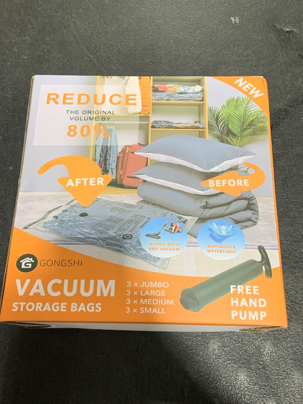 Photo 1 of 12 Pack Vacuum Storage Bags (3 Jumbo, 3 Large, 3 Medium, 3 Small),Plastic Packaging Bags,Space Saver Sealer Compression Bags with Travel Hand Pump for Blankets, Comforters, Pillows, Clothes Storage