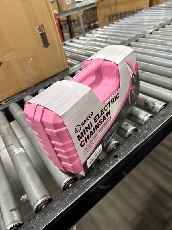 Photo 1 of Saker Mini Chainsaw,Portable Electric Pink Mini Chainsaw Cordless,Handheld Chainsaw for Tree Branches,Courtyard, Household and Garden,By 2PCS 20V 1500mAh Batteries and 3 PCS Chains