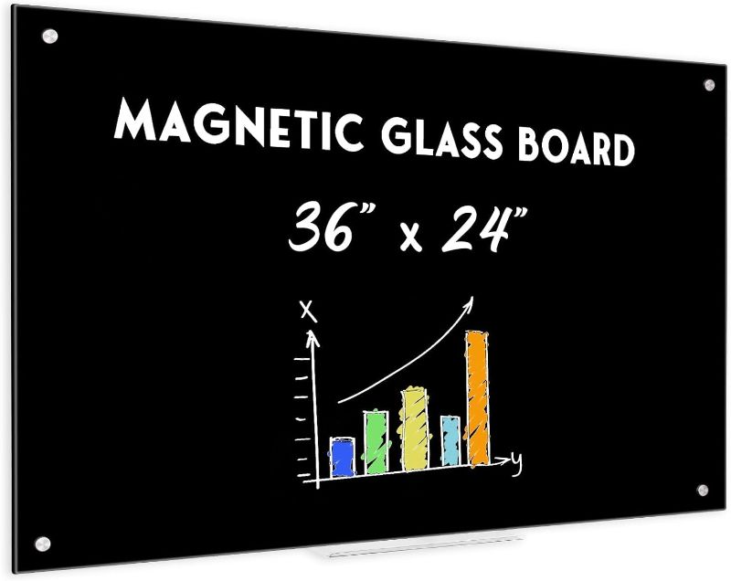 Photo 1 of Black Dry Erase Board, 36" x 24" Magnetic Glass Whiteboard for Wall, Black Glass White Board with 1 Marker Tray and 3 Magnets for Office, Home, Classroom