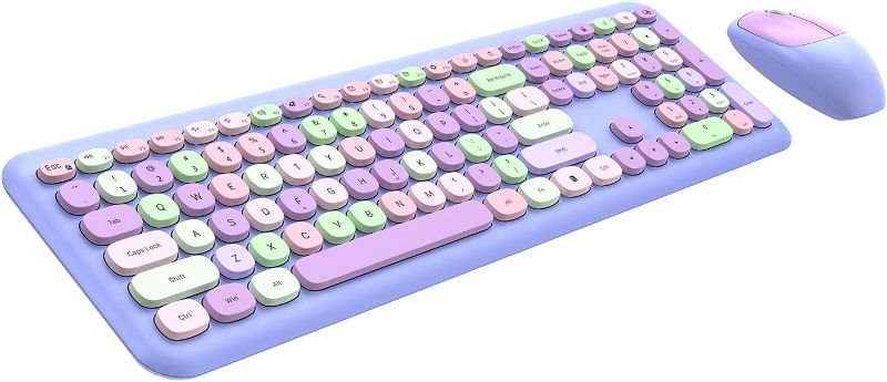 Photo 1 of Wireless Keyboard and Mouse Combo, 2.4GHz Full-Sized Colorful Cute Keyboard Mouse Set with Retro Typewriter Flexible Round Keys for Windows, Computer, Laptops, PC Purple Colorful