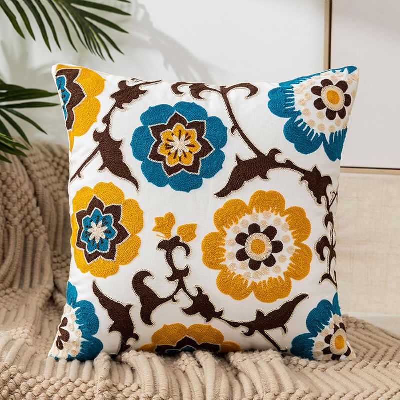 Photo 1 of WONDERFUL LIFE Embroidered Throw Pillow Cover 18" x 18", Cotton Canvas Floral Decorative Couch Cushion Case Square Pillowcases Cushion for Bedroom Sofa Farmhouse Aesthetic (A002)