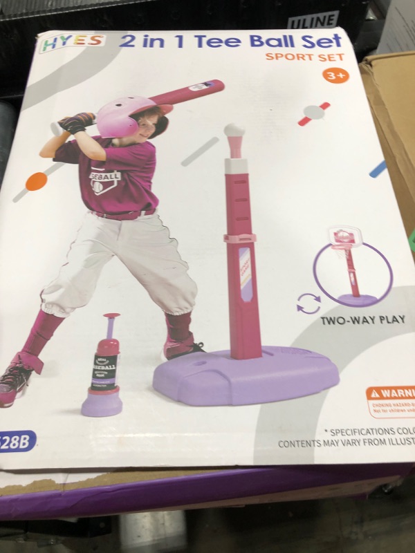 Photo 1 of HYES 2 in 1 Kids Basketball Hoop and T Ball Set - Adjustable Height, Kids Baseball Tee with Automatic Pitching Machine, Indoor Outdoor Sport Toys Gifts for Toddler Boys Girls Age 1-5, Pink