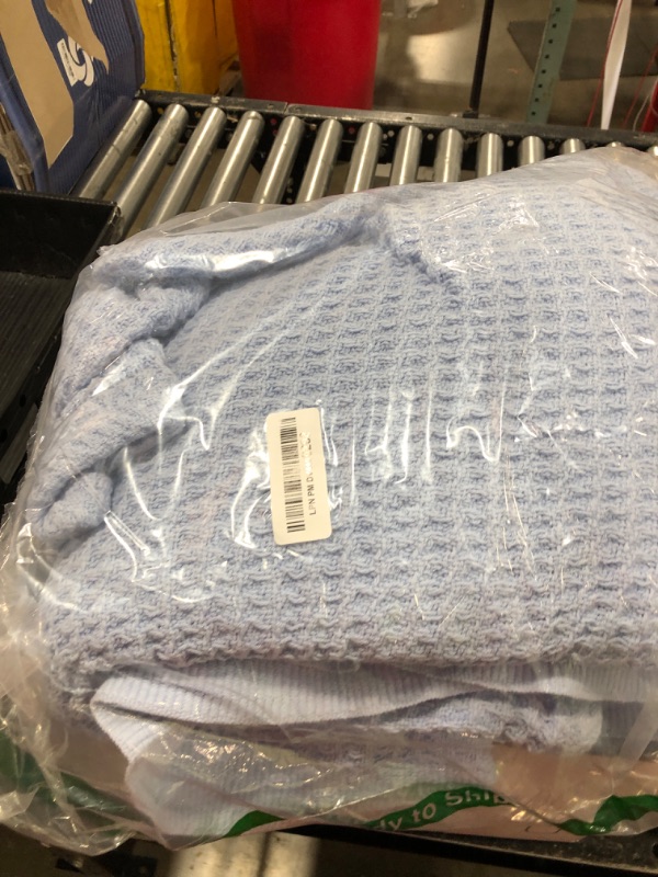 Photo 1 of Bedsure 100% Cotton Blanket Queen Size for Bed - Breathable and Soft, Waffle Weave Blanket for Summer Spring, Sky Blue, 90x90 Inches