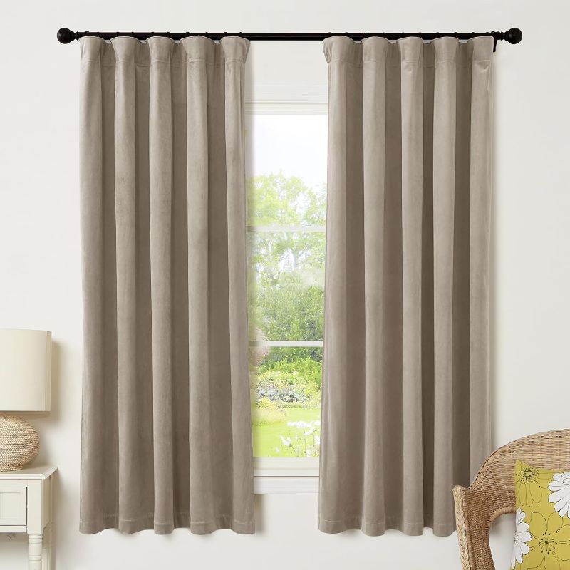 Photo 1 of RYB HOME Camel Beige Velvet Curtains with Hook Tape, Thermal Insulated Privacy Protect Decorative Drapes for Home Theater, W 52 x L 72 inches, 2 Panels Set