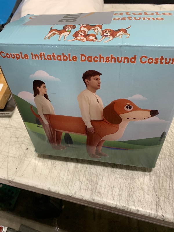 Photo 1 of XYJKIDSES Couple Inflatable Dachshund Costume for Adult Halloween Blow Up Costumes 2 People Funny Dog Costumes for Men Women Cosplay