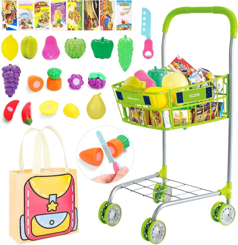 Photo 1 of deAO Toy Shopping Cart with Food,Trolley Play Set with Pretend Fruits Vegetables and Accessorie,Grocery Shopping Cart with Bag Pretend Play and Role Play Kitchen Toys for Kids 3+