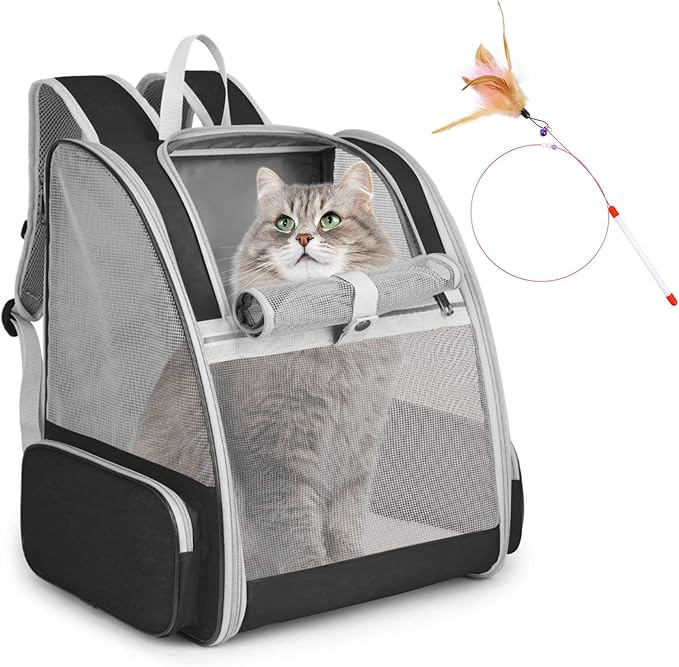 Photo 1 of Cat Backpack Carrier, Large Pet Backpack with Kitten Wand Feather Toy for Medium Small Dog Cat Puppy Kitty Bunny up to 15lbs, Ventilated Mesh Dog Travel Carrier for Hiking Walking Outdoor Use (Black)
