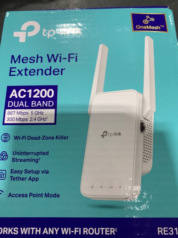 Photo 1 of TP-Link AC1200 WiFi Extender, 2025 Wirecutter Best WiFi Extender, 1.2Gbps home signal booster, Dual Band 5GHz/2.4GHz, Up to 1600 Sq.ft and 32 Devices, EasyMesh Compatible, One Ethernet Port (RE315)