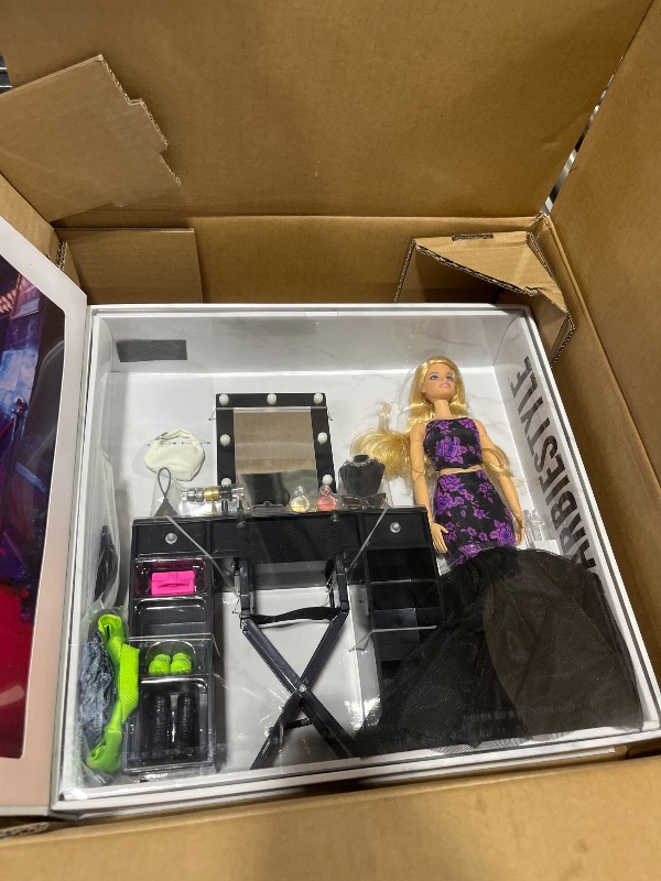 Photo 1 of Barbie ?BarbieStyle Fashion Studio Set with Fully Posable Doll (Blonde), Vanity with Mirror & Chair, 2 Looks, 3 Pairs of Shoes & 15 Accessories, HBX98