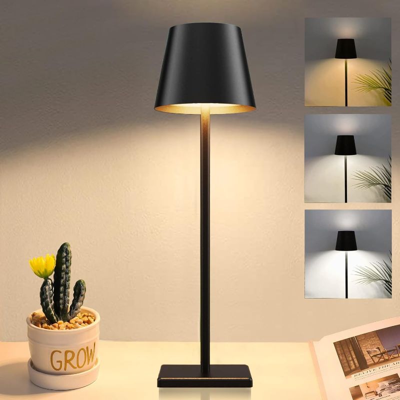 Photo 1 of Cordless Table lamp, 5200mAh Battery Operated Lamp,3 Color Stepless Dimming Desk Lamp, IP54 Waterproof Outdoor Table Lamps for Restaurant/Bedroom/Bars/Party/Camping/Cafe Night Light (Black-1)
