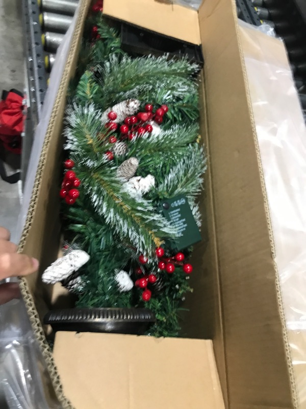 Photo 1 of Hiboom 2 Pcs Pre Lit Artificial Christmas Tree ExtraLarge Pencil Christmas Tree Skinny Xmas Tree Mini Christmas Pine Tree with Warm White LED Lights, Berry, Branch Tips for Porch Holiday Decor (5FT)
