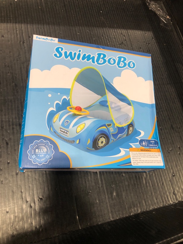 Photo 1 of 3D Car Thick PVC Inflatable Baby Swim Pool Float with Sun Shade Cover and Steering Wheel - Age 1-4 Years Old
