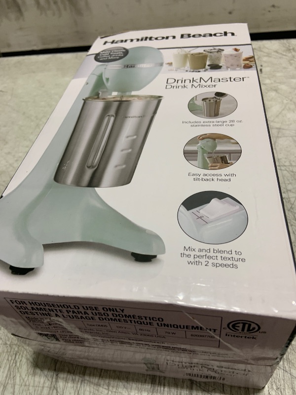Photo 1 of Hamilton Beach DrinkMaster Electric Drink Mixer, Retro Milkshake Maker & Milk Frother, 2 Speeds, Extra-Large 28 oz. Stainless Steel Cup, Mint