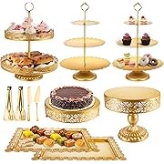 Photo 1 of Gold Cake Stand Metal Dessert Table Display Set Tiered Cupcake Holder Fruit Candy Donut Plate Serving Tower Tray Platter (Gold)
