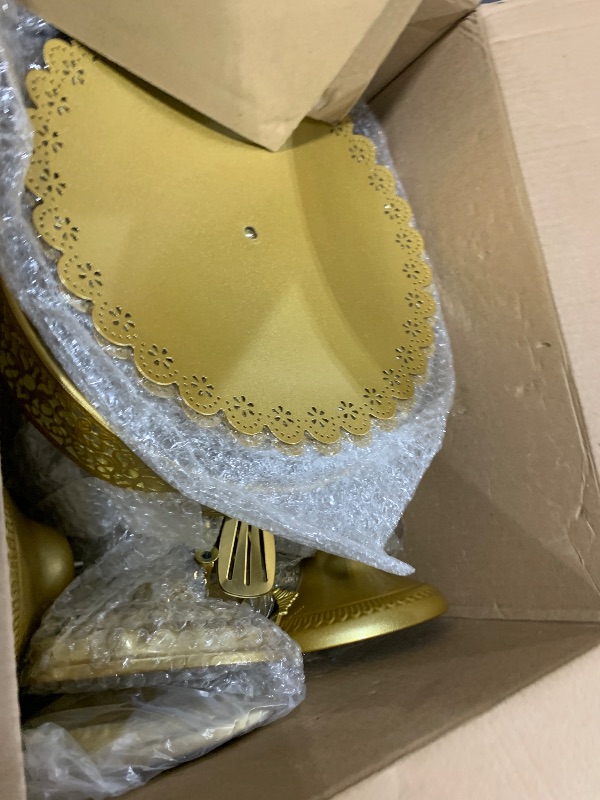 Photo 1 of Gold Cake Stand Metal Dessert Table Display Set Tiered Cupcake Holder Fruit Candy Donut Plate Serving Tower Tray Platter (Gold)
