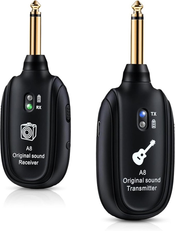 Photo 1 of A8 Wireless Guitar System UHF 2 Modes, Rechargeable Li-Battery, 100ft Range, Plug & Play for Guitar, Bass, Violin, Keyboard - Black