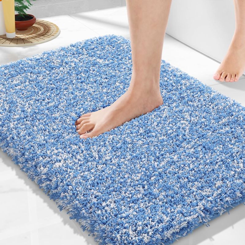 Photo 1 of bathroom matts set Yimobra Bathroom Rugs Non Slip Washable 24x17, Ultra Soft and Water Absorbent Bath Mats, Plush Fluffy Shower Mat Outside, Microfiber Thick Matts for Bathroom Floor/Sink, Blue and White