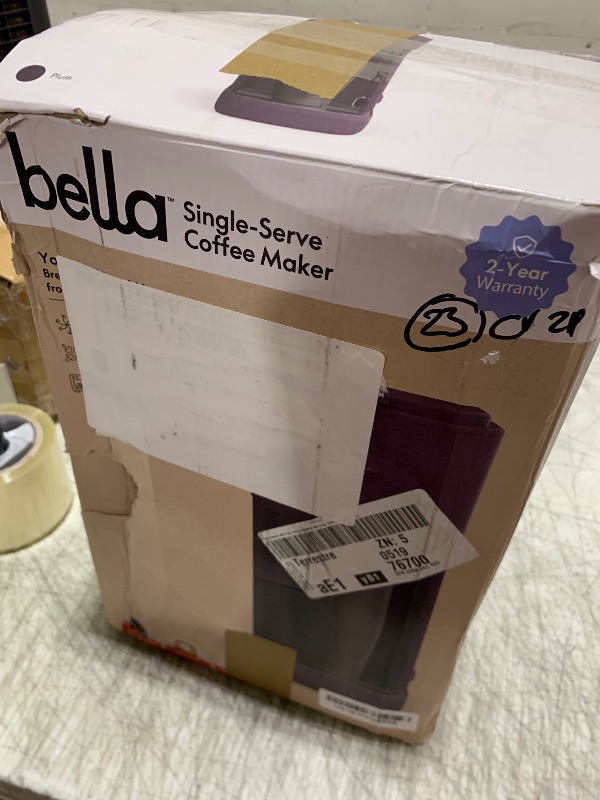 Photo 1 of BELLA Single Serve Coffee Maker, K Cup & Coffee Ground Compatible with Removable, Adjustable Drip Tray, Auto Shutoff & Reusable Dishwasher Safe Accessories, Brews 6oz to 14oz, 1000 Watt, Plum
