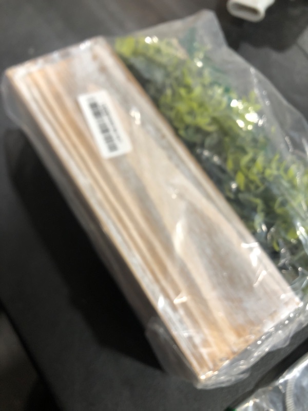 Photo 1 of Faux Eucalyptus Plants in Rustic Rectangular Wood Planter Box Artificial Eucalyptus Greenery Arrangement Potted Plant in Dusty Green for Wedding Centerpiece Office Room Table Windowsill Décor