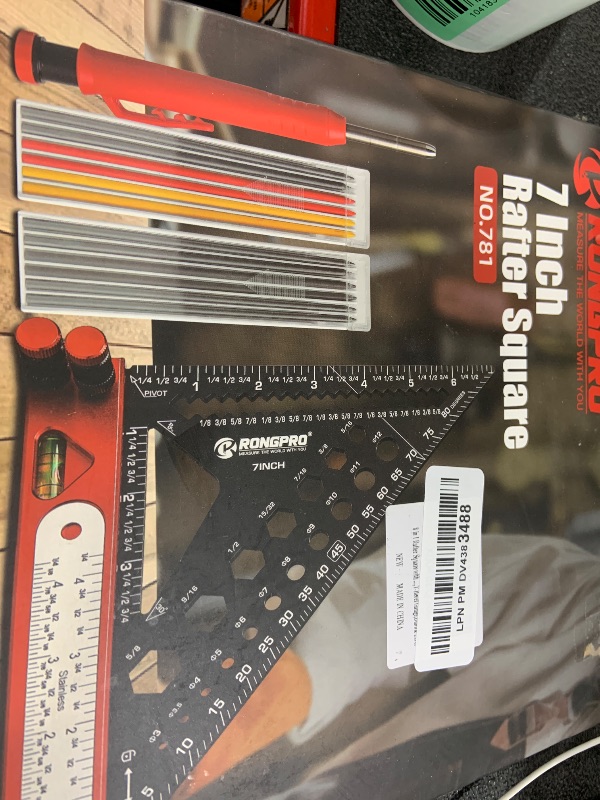 Photo 1 of 8 in 1 Rafter Square with Carpenter Pencil, 7in Multi-Purpose Carpenter Square Tools: Square,Protractor, Steel Ruler,Marking Gauge,T-Bevel Gauge,Bubble Level