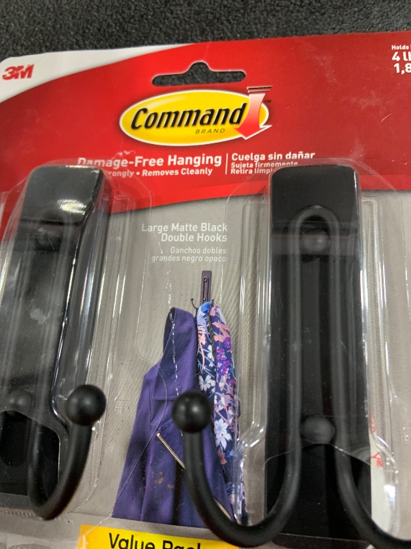 Photo 1 of Command Large Matte Black Double Hooks, 2 Hooks and 2 Command Strips, Damage Free Hanging Wall Hooks with Adhesive Strips, No Tools Coat Hooks for Hanging Home Decor, Holds up to 4 lb