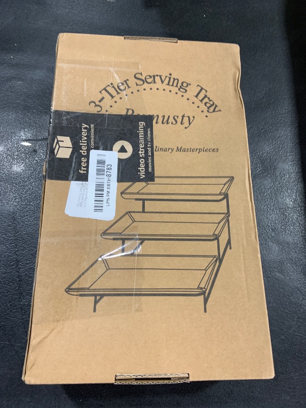 Photo 1 of 3 Tier Plastic Serving Tray for Party, 11.5" x 5.6" Platters for Serving Food, Microwave-Safe, White Reusable Trays with Black Metal Display Stand for Cupcakes, Dessert, Fruit, Cookie, Gold