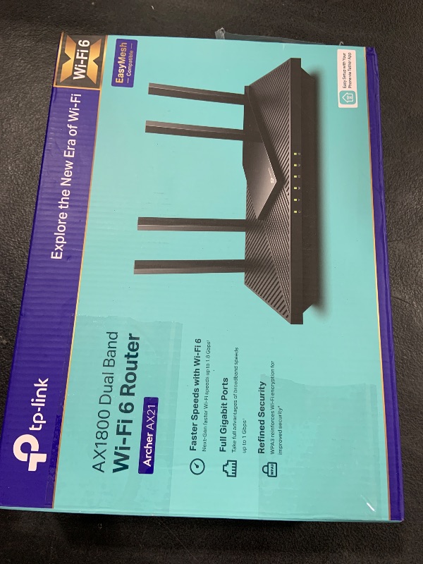 Photo 1 of TP-Link AX1800 WiFi 6 Router V4 (Archer AX21) – Dual Band Wireless Internet, Gigabit, Easy Mesh, Works with Alexa - A Certified for Humans Device