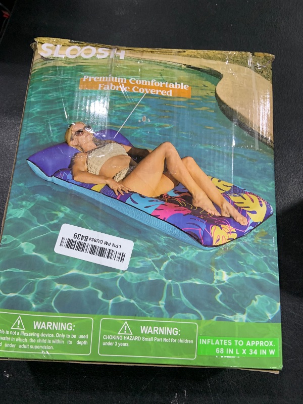 Photo 1 of SLOOSH Inflatable Pool Floats Raft - XL Fabric Covered Pool Mat Lounger Floaties for Adults, Ultra Comfort Inflatable Water Float with Headrest for Beach Lake Swimming Pool Floating 68"X34" (Blue)