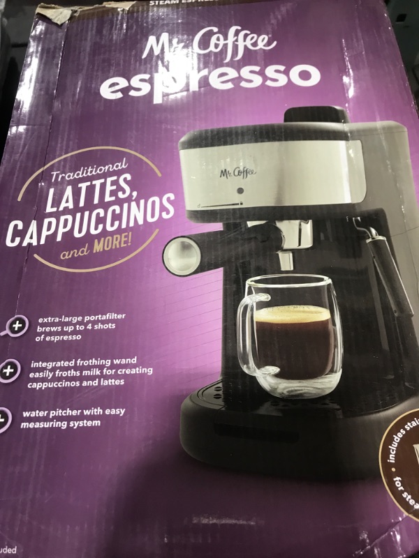 Photo 1 of Mr. Coffee Espresso and Cappuccino Machine, Single Serve Coffee Maker with Milk Frothing Pitcher and Steam Wand, 20 ounces, Stainless Steel,Black