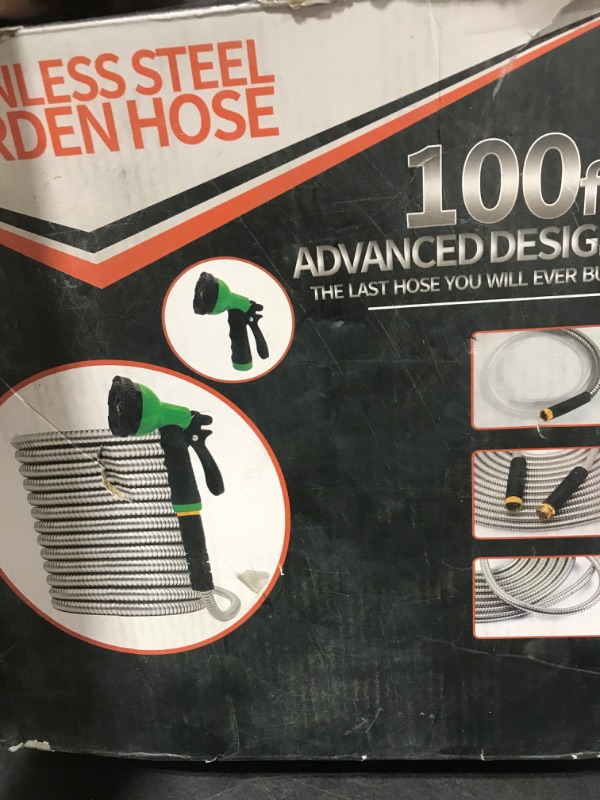 Photo 1 of Unywarse Garden Hose 100ft, Stainless Steel Heavy Duty Water Hose with 10 Function Nozzle Flexible, Lightweight, No-Kink, Pet Proof, Puncture Proof Metal Hose for Yard, Outdoor