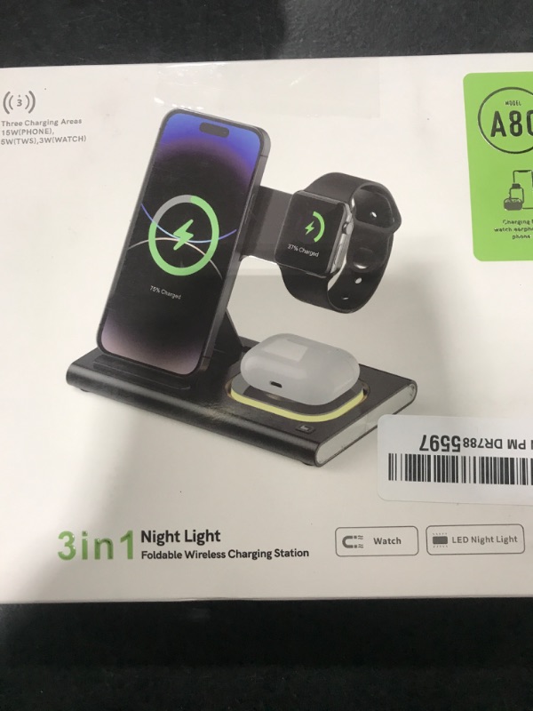 Photo 1 of 3 in 1 Foldable Charging Station for Apple Products,Fast Wireless Charger Travel Dock Adapter&Light for iPhone 16/15/14/13/12/11/X/XS,for iWatch 10/9/8/7/Ultra2/Ultra/SE,for AirPods 4/3/2/Pro/2(White)