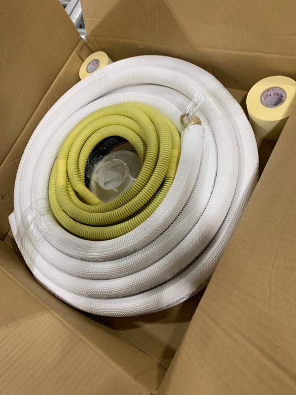 Photo 1 of 16ft Length Mini Split Line Set,1/4" 3/8" OD Copper Pipes Tubing and 3/8 White PE Thickened Insulated Coil with Flared Nuts for Mini Split Air Conditioner HVAC or Heat Pump System. (16Ft(1/4+3/8))