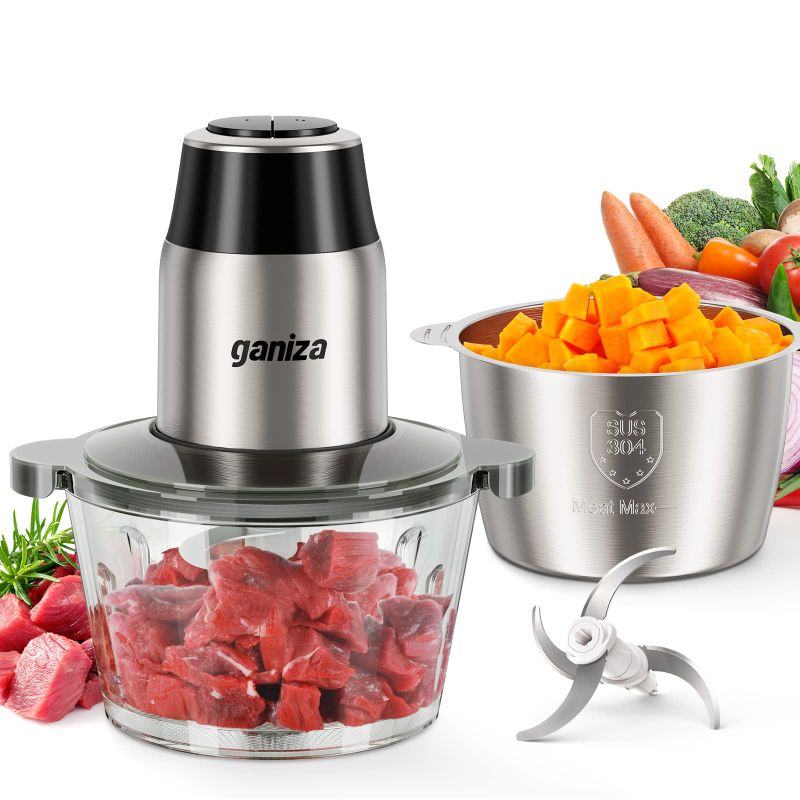 Photo 1 of GANIZA Food Processors, Electric Food Chopper with Meat Grinder & Vegetable Chopper - 2 Bowls (8 Cup+8 Cup) with Powerful 450W Copper Motor - Includes 2 Sets of Bi-Level Blades for Fruits/Meat/Nuts