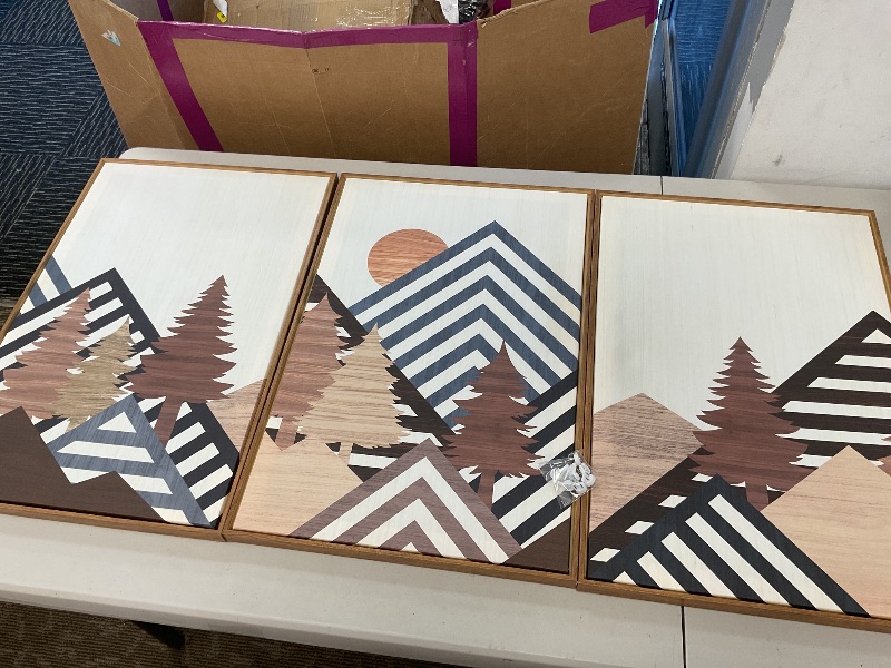 Photo 1 of IARTTOP Large Mountain Wood Wall Art 16"x32"x3 Abstract Forest Wall Sculpture Geometric Boho
