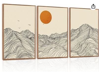 Photo 1 of LHIUEM Abstract Large Mountain Wall Art,Geometric Mountains Wall Decor Set of 3(16”X24”) Textured Canvas Bohemian Framed Prints,Big Minimalist Sunrise Wall Art,Boho Sun Wall Decor for Bedroom Nursery